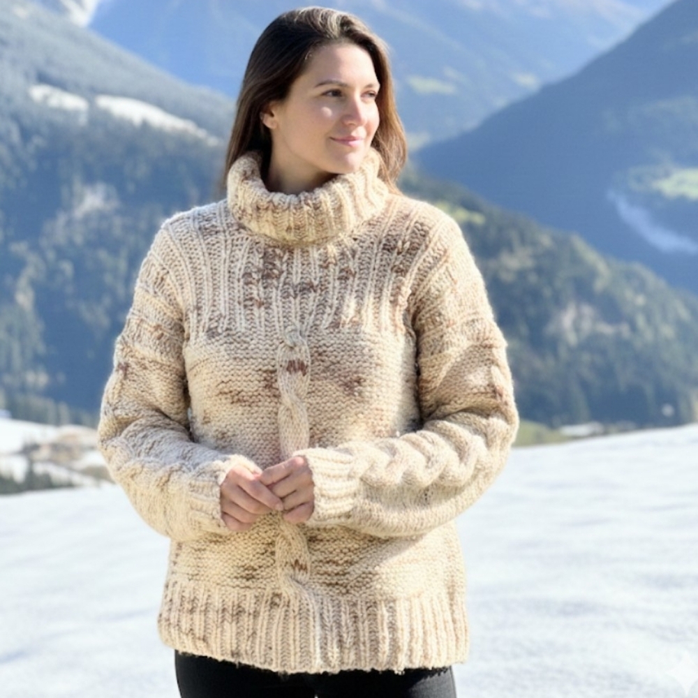 Chunky Knit Wool Blend Sweater Hand Knit Style Oversized Turtleneck Beige Medium